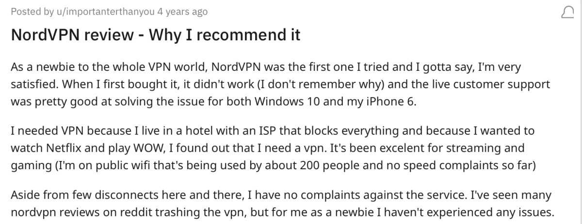 A review of NordVPN by Reddit user u/importanterthanyou. 