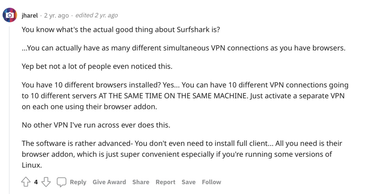 Reddit user u/jharel praising Surfshark for having unlimited simultaneous connections. 