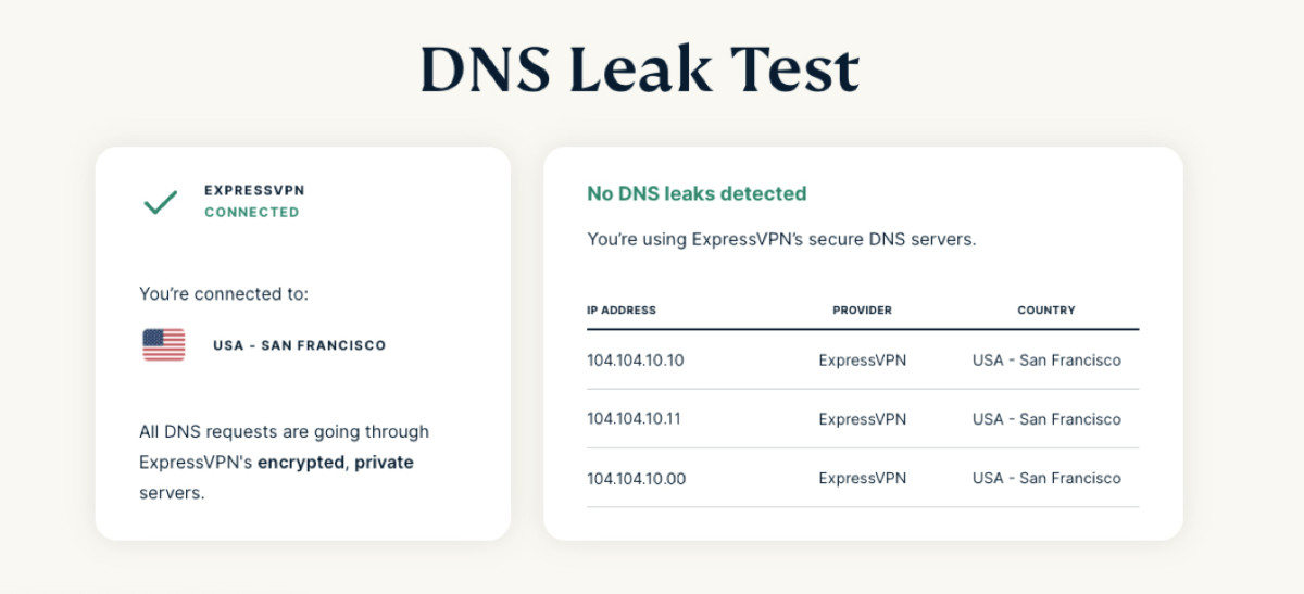 Use ExpressVPN’s DNS leak tester to make sure your DNS requests aren’t leaked to your ISP