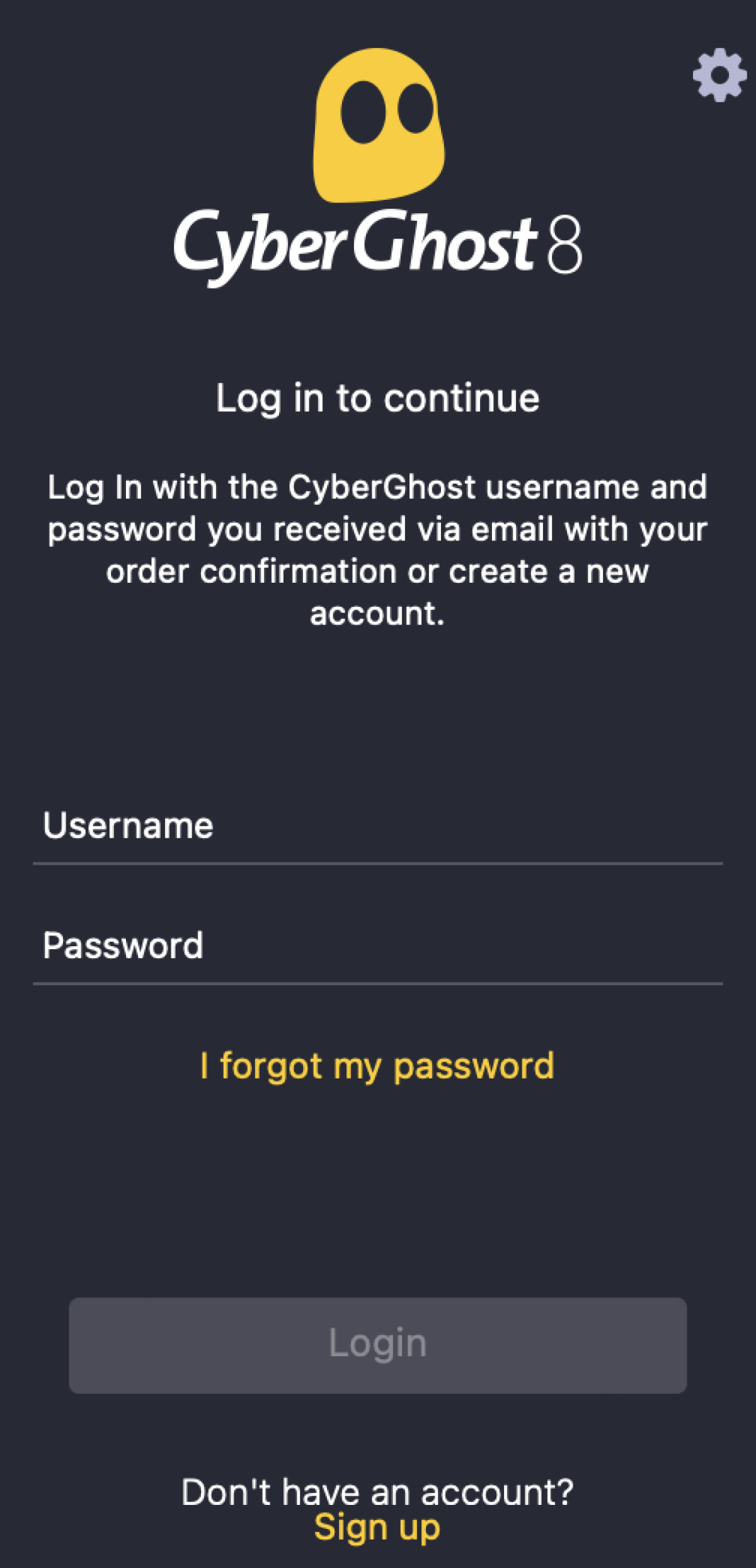 CyberGhost log in screen