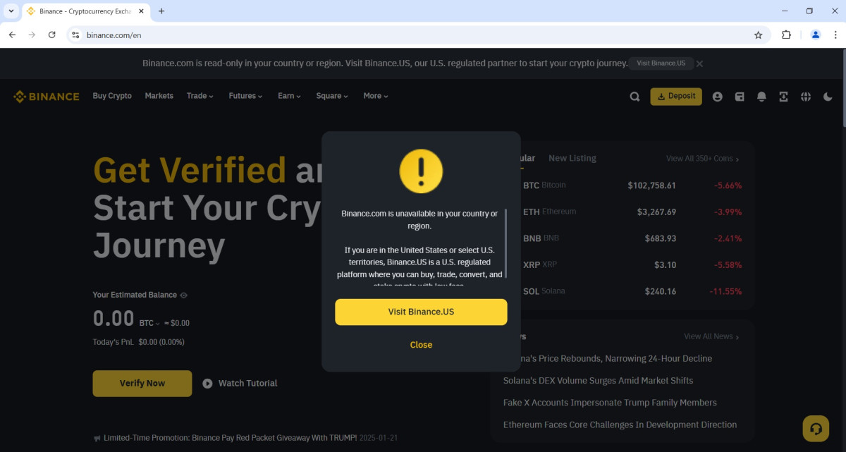 Binance unavailable in the US