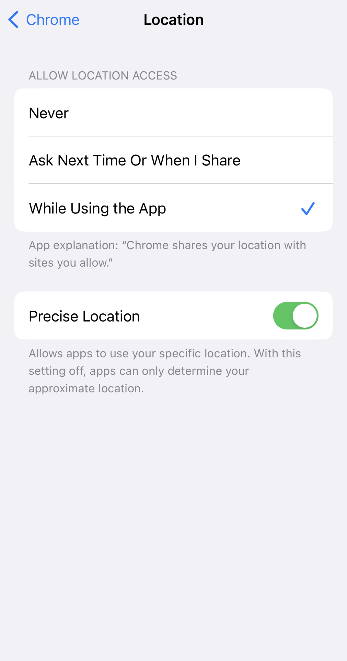 Changing location settings for Chrome on iOS