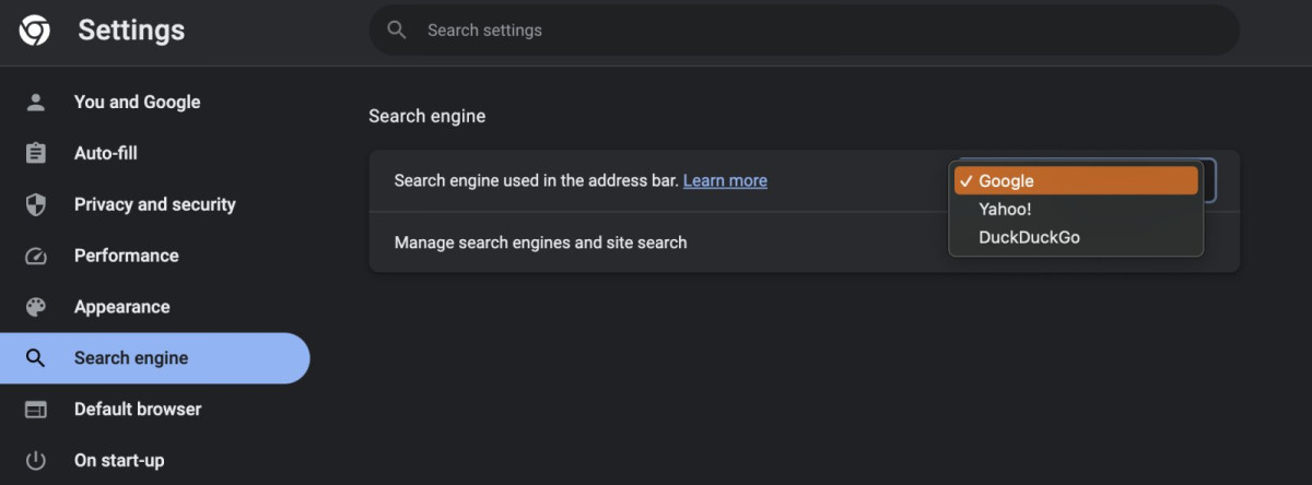 changing the default search engine on chrome