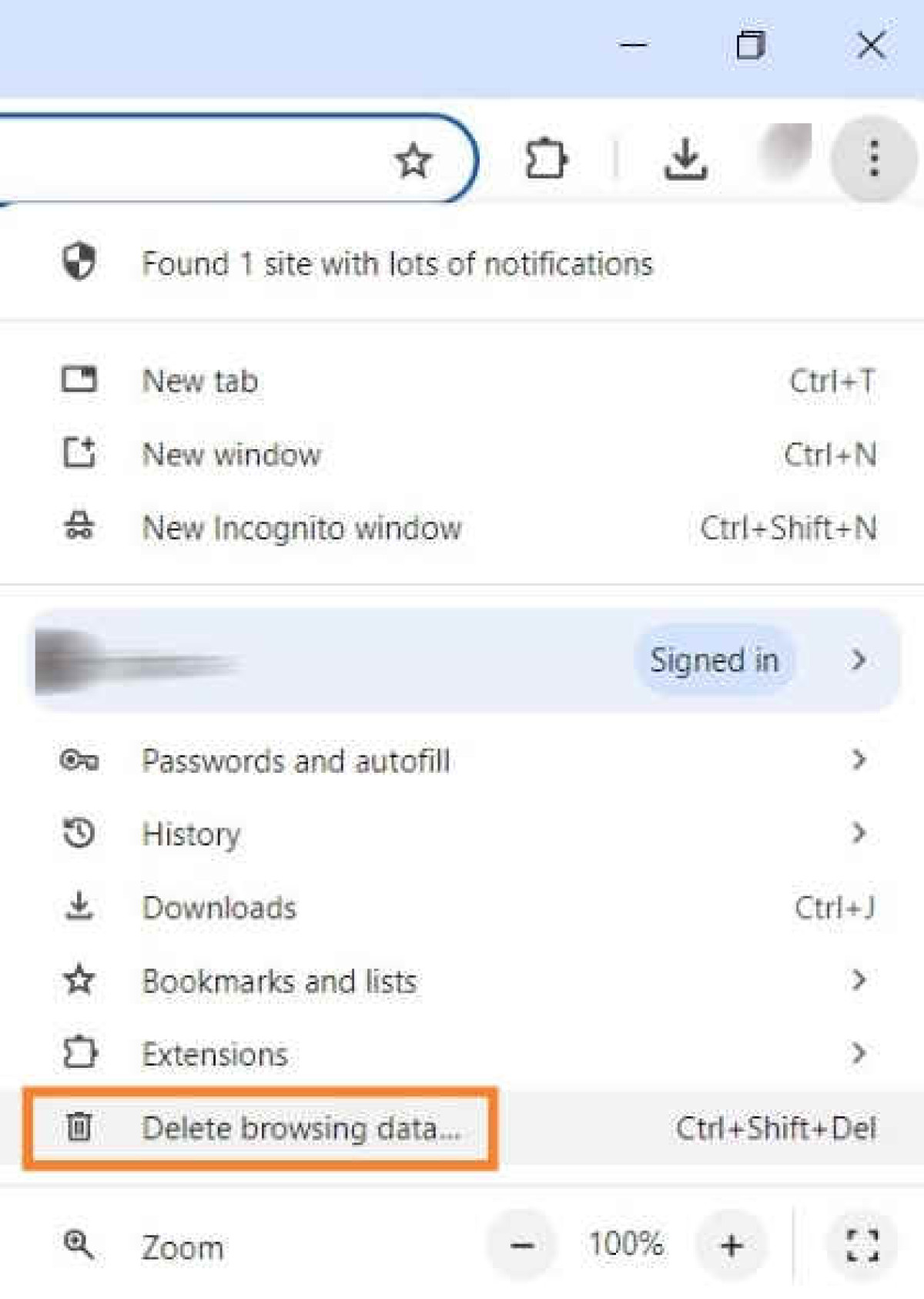 Delete browsing data in Chrome settings