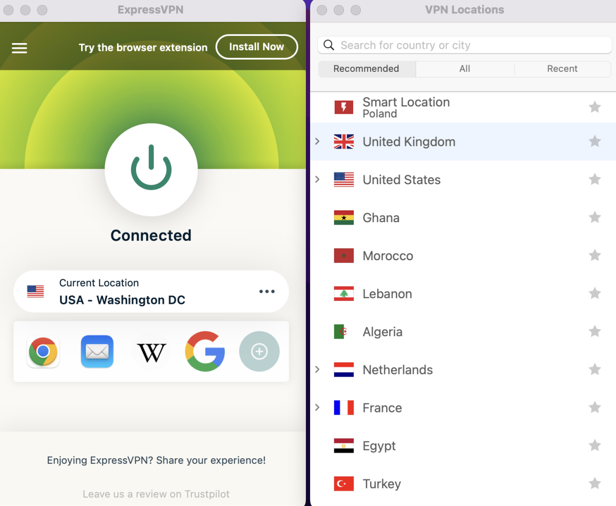 ExpressVPN macOS app interface when connected