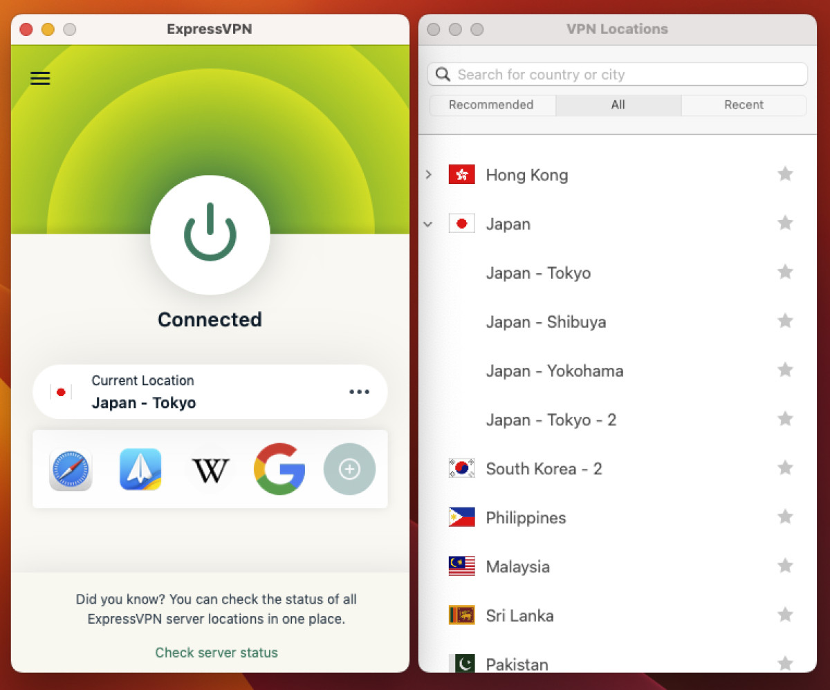 Connecting to a server with ExpressVPN