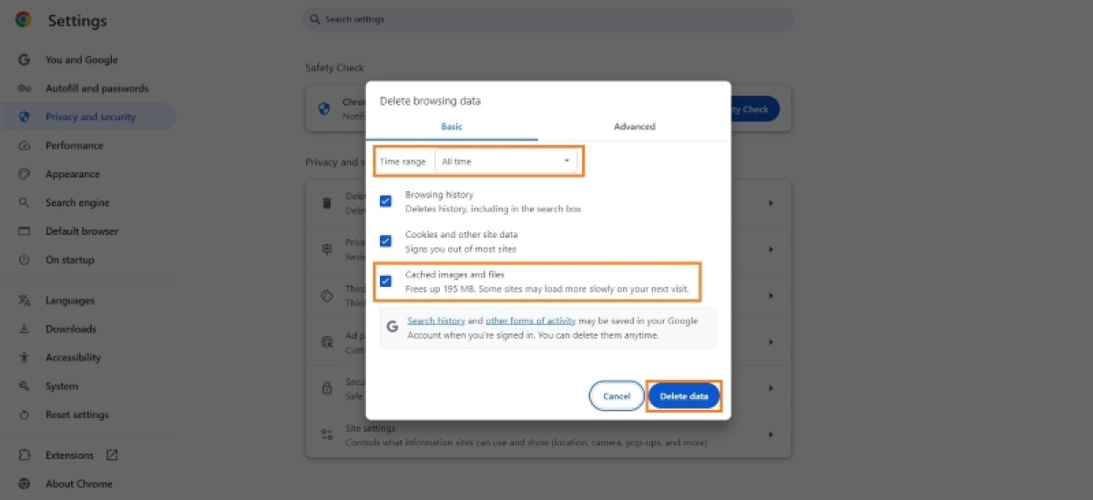 Delete browsing data, including cache and cookies, in Chrome