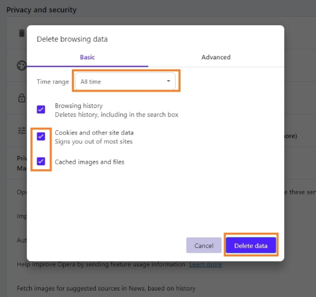 Clear Opera browsing data, including cookies and cache