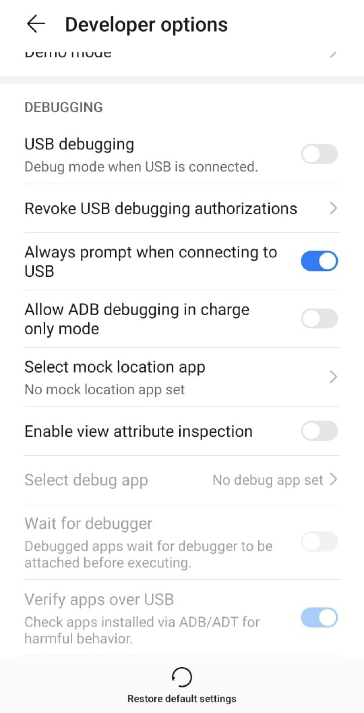 Developer options on an Android