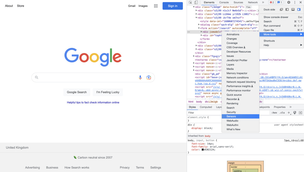 Developer tools in Google Chrome