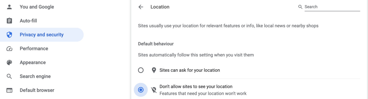 Disabling location in Google Chrome