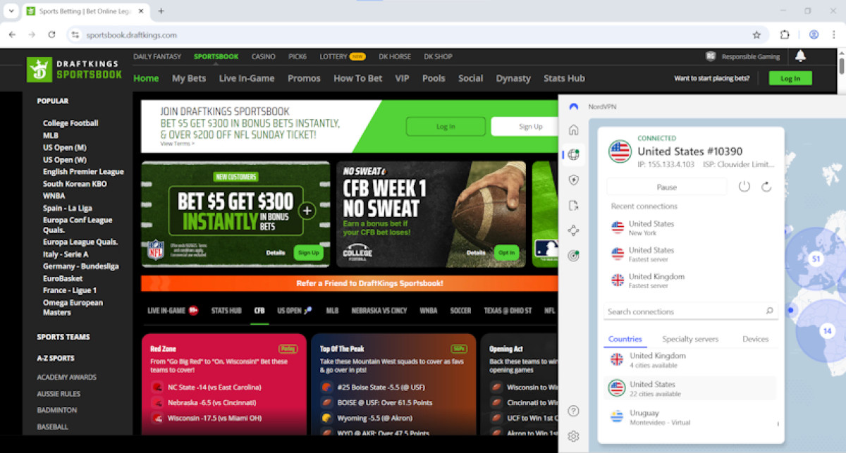 DraftKings accessed with NordVPN