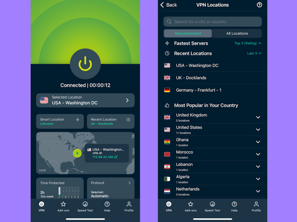 ExpressVPN connected to the US server