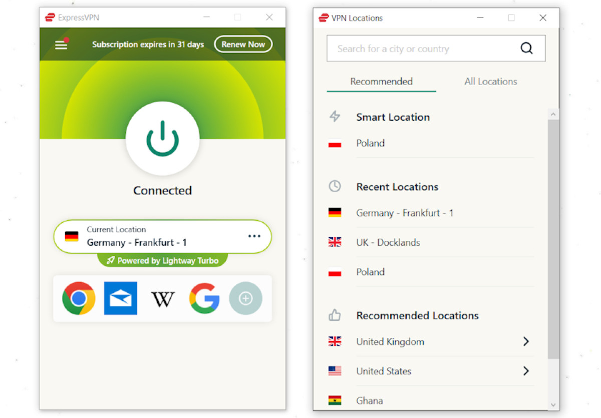 ExpressVPN connected to a server in Germany