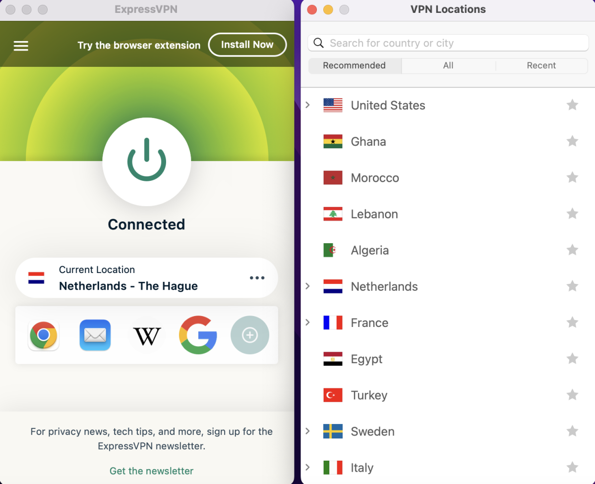 ExpressVPN connected to the Netherlands