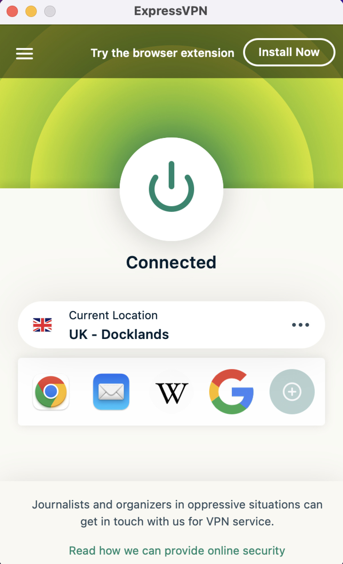 ExpressVPN connected to the UK server