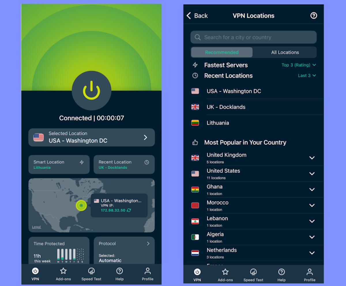 ExpressVPN connected to a server on mobile