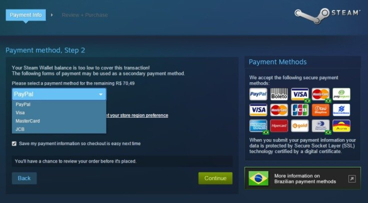 providing payment method on steam
