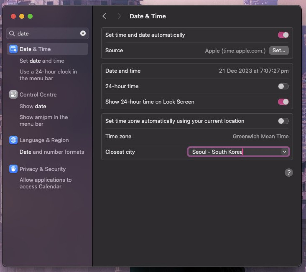 changing timezone on macos