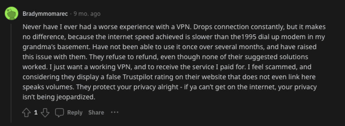 Reddit user opinion on IvacyVPN