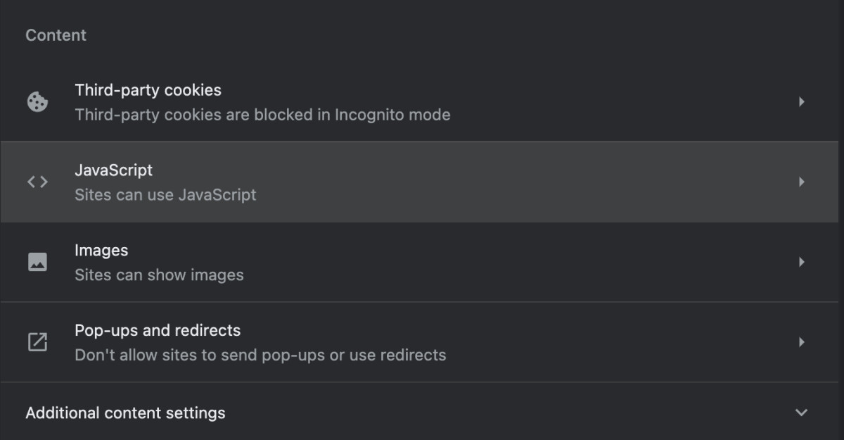 JavaScript settings