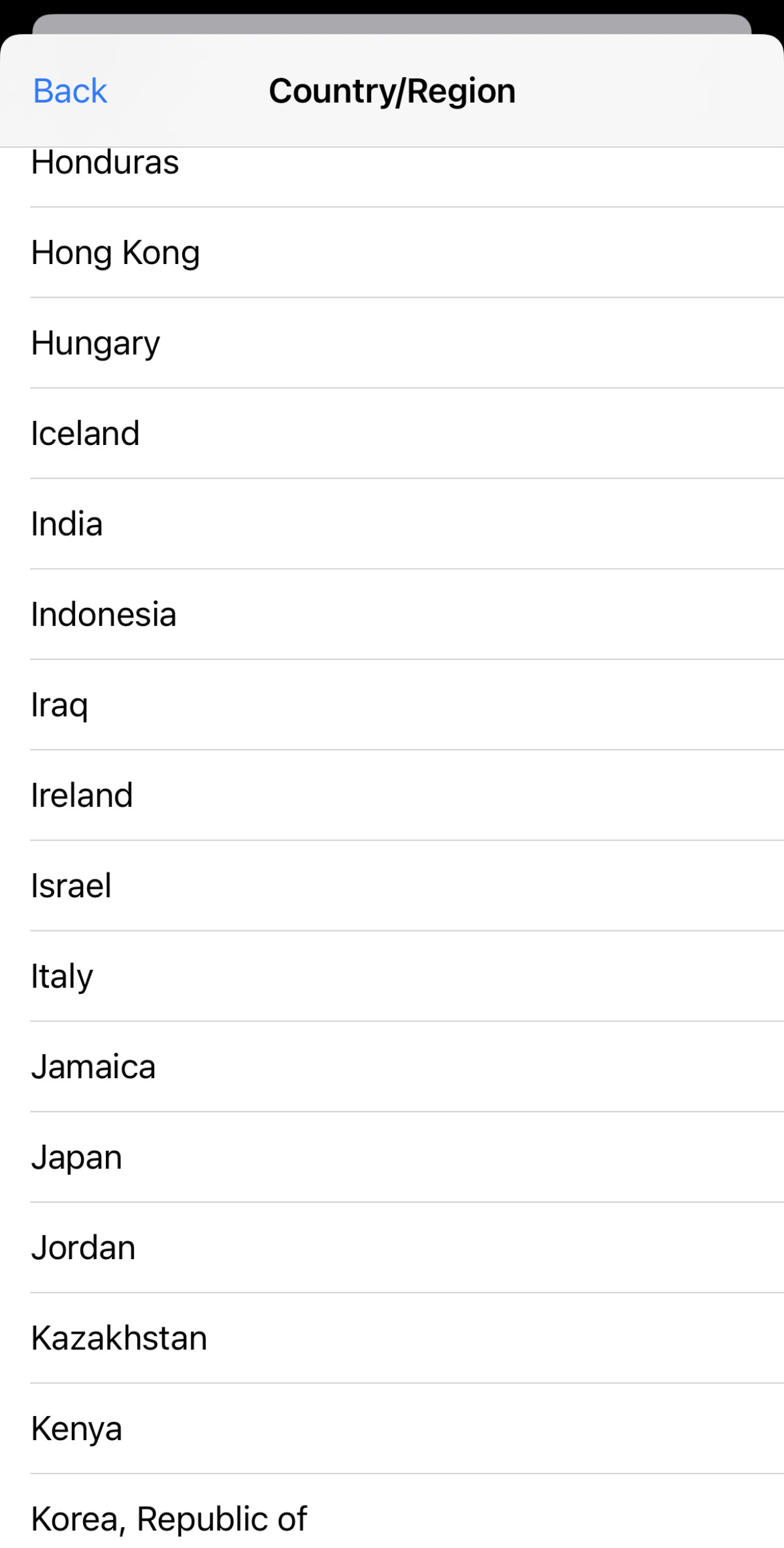 List of countries to choose from iOS
