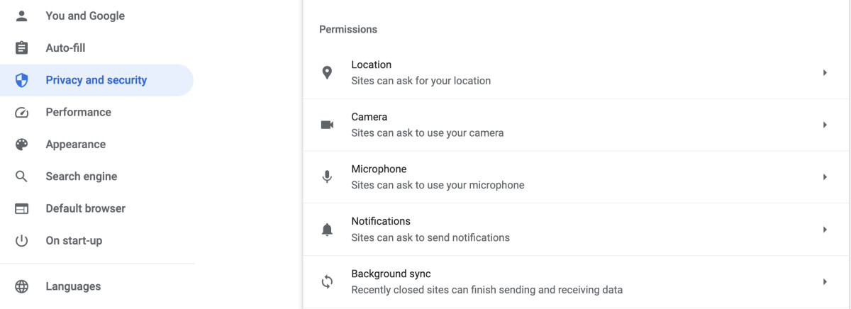 Location settings in Google Chrome