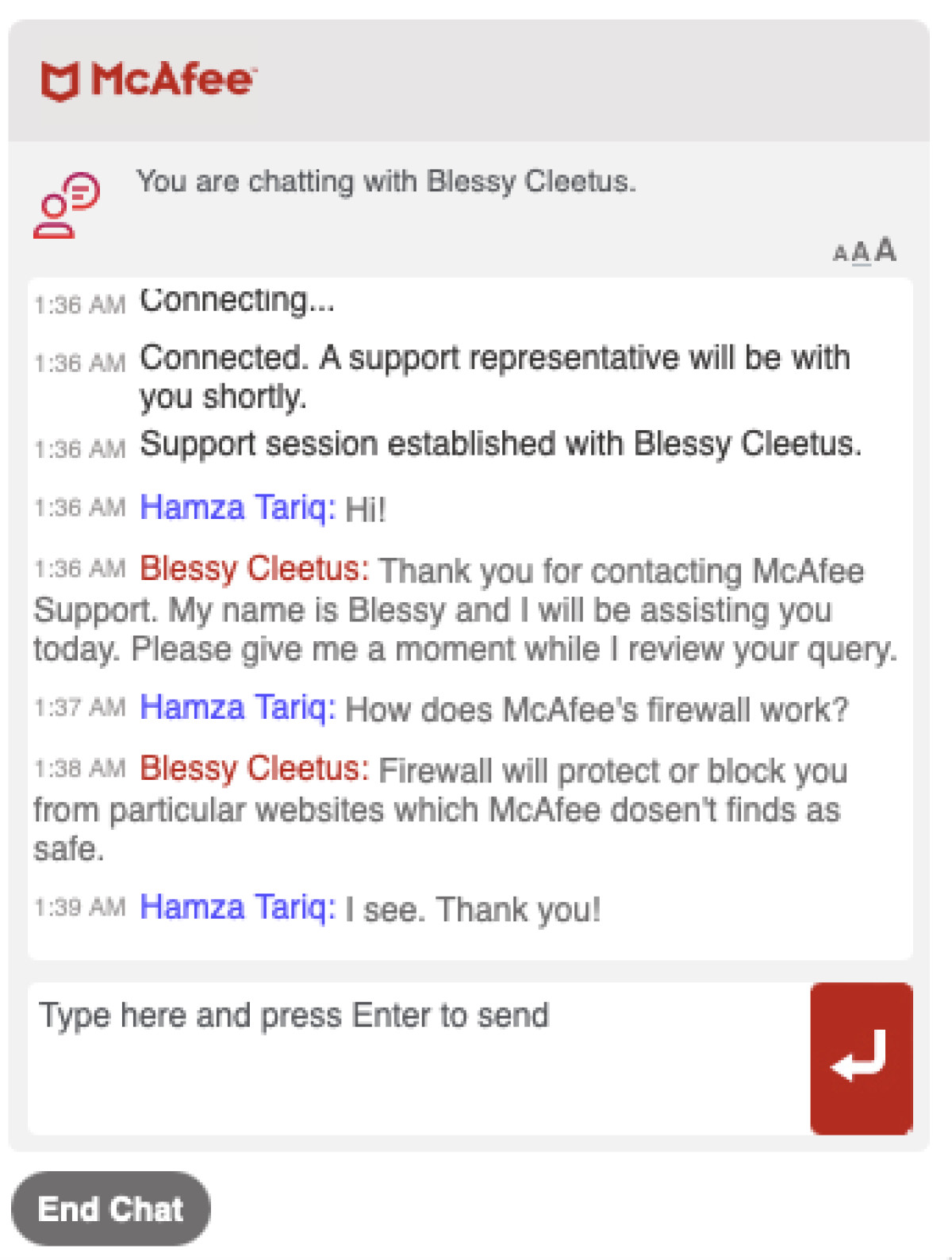 McAfee live chat support
