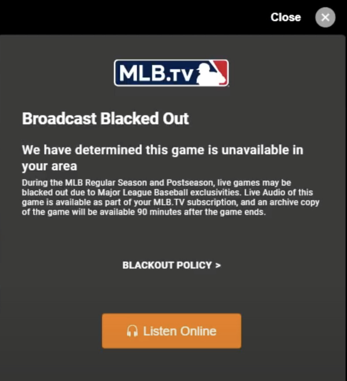 MLB blackout notice