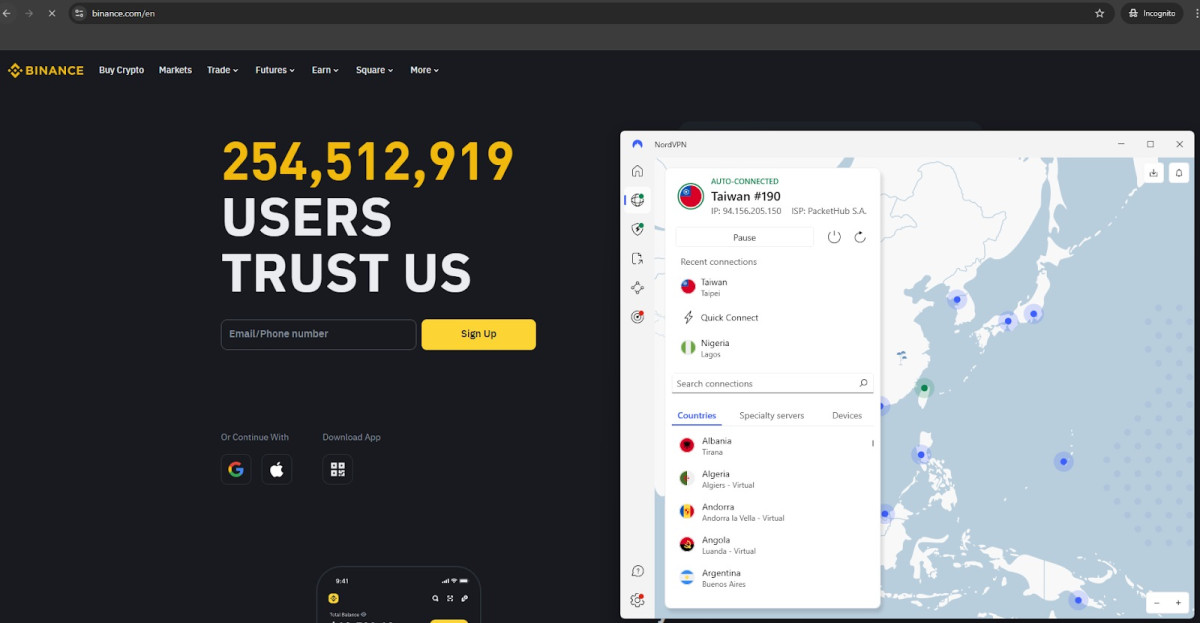 Accessed Binance.com successfully with NordVPN on the Hong Kong server