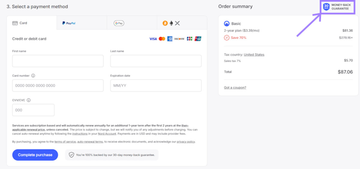 NordVPN checkout