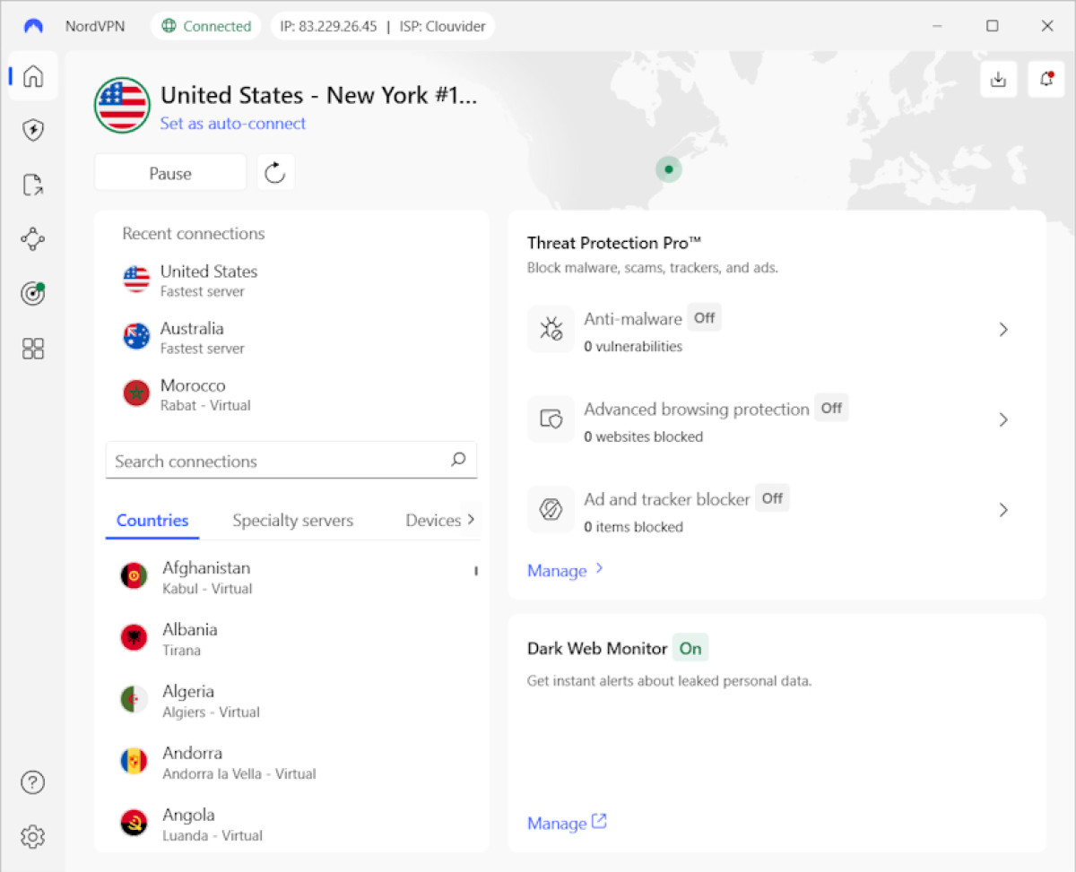 Connected to a server in the US with NordVPN