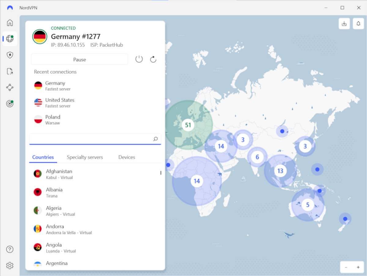NordVPN interface and servers