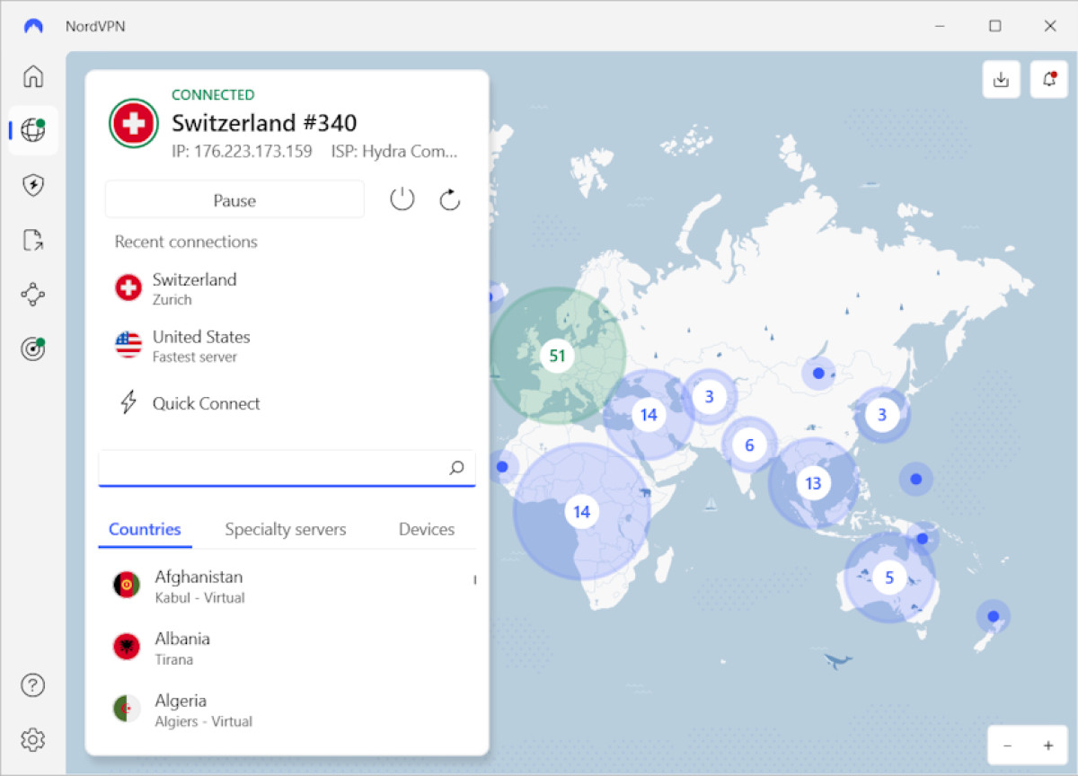 NordVPN connected to Switzerland