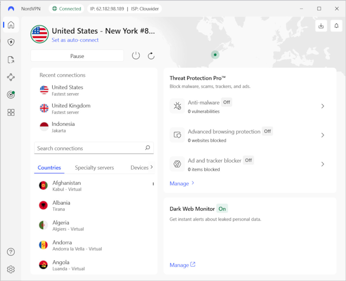 NordVPN connected to the US server