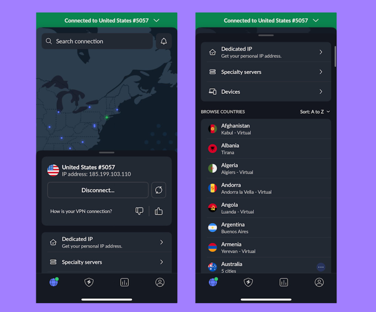 NordVPN connected to a server on mobile