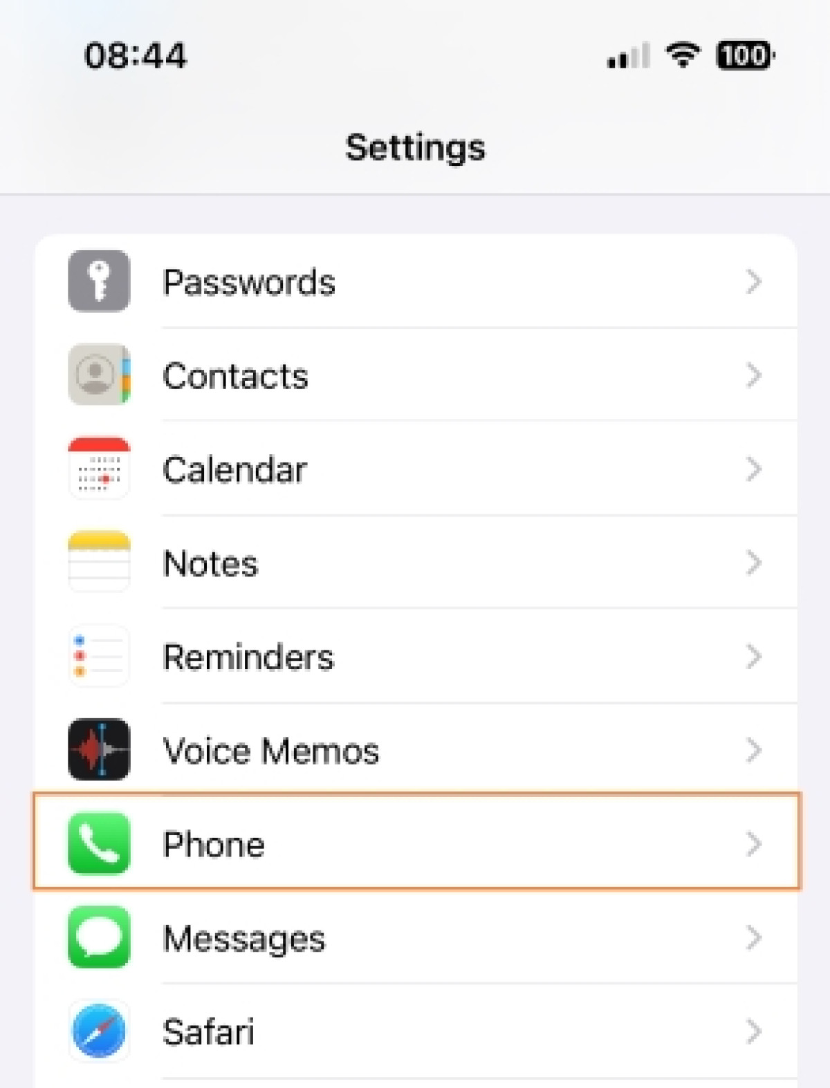 Open Phone app on iPhone settings