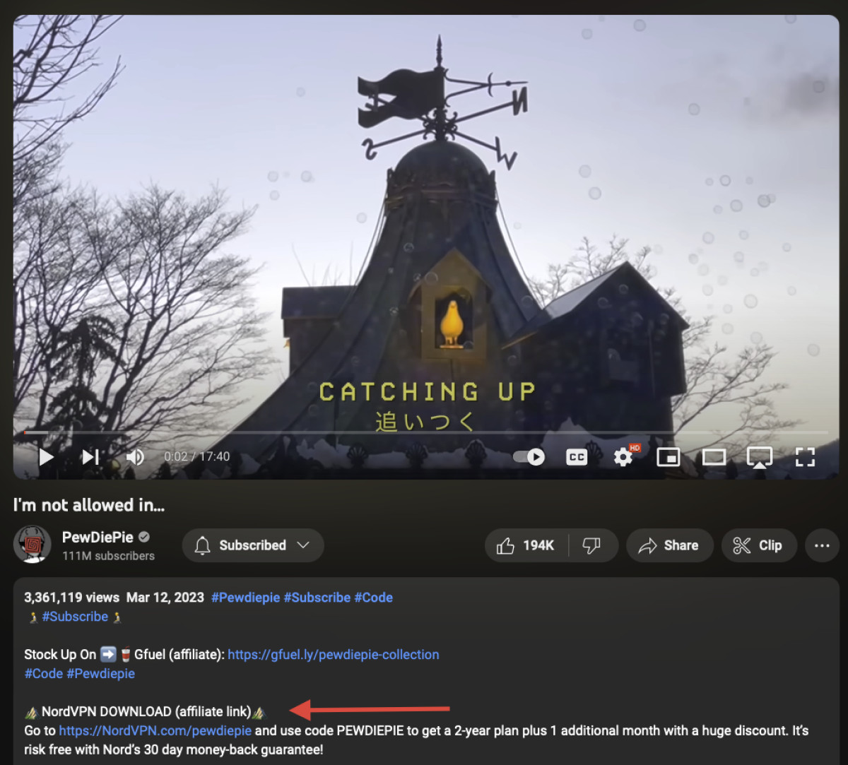 Pewdiepie's youtube channel with nordvpn's discount code