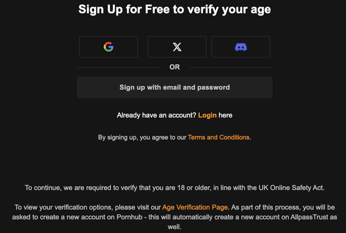 Age verification prompt on PornHub UK