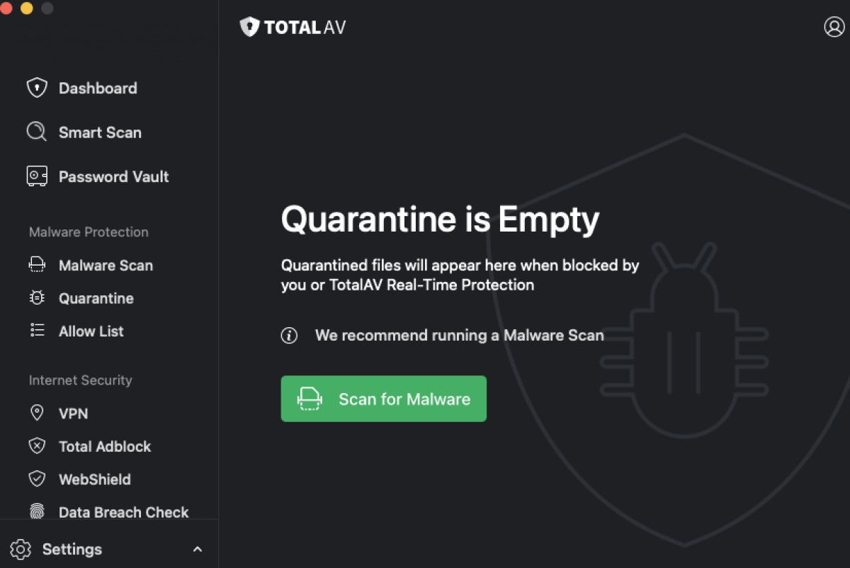 Quarantines files on TotalAV