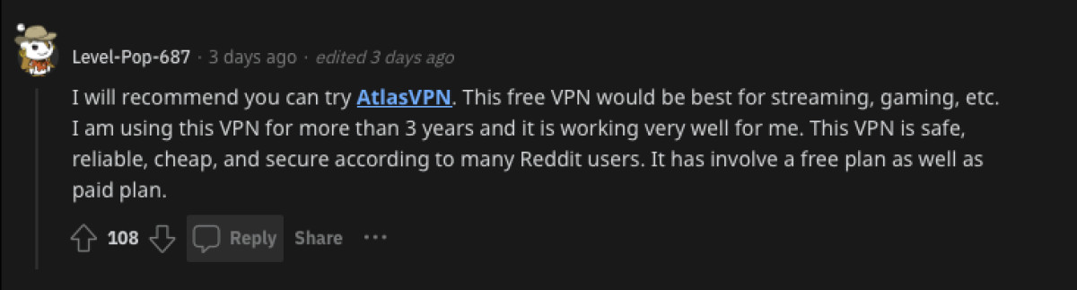 Reddit user opinion on AtlasVPN