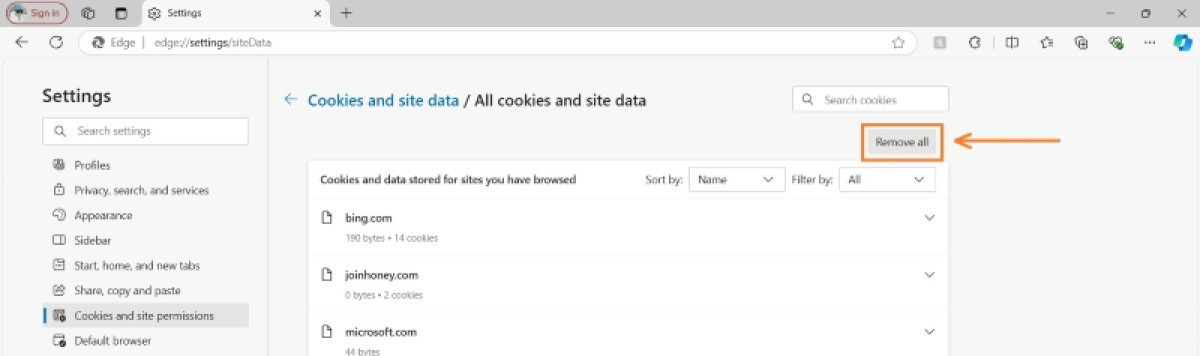 Delete all cookies and site data on Microsoft Edge