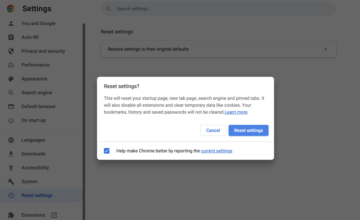 resetting google chrome's settings