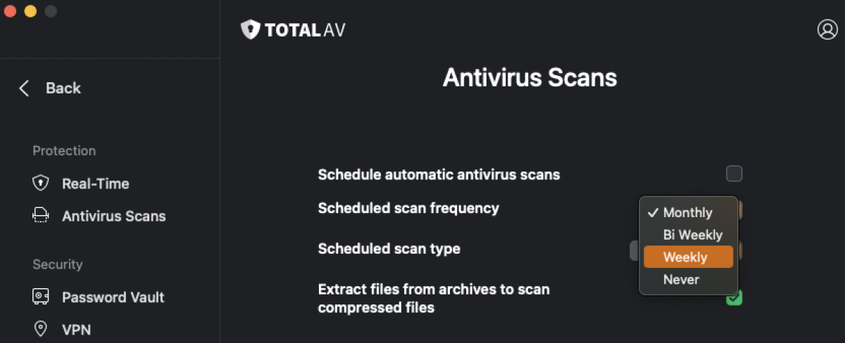 Scheduling scans on TotalAV