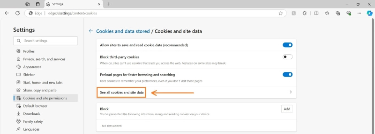 How to check all cookies and site data on Microsoft Edge