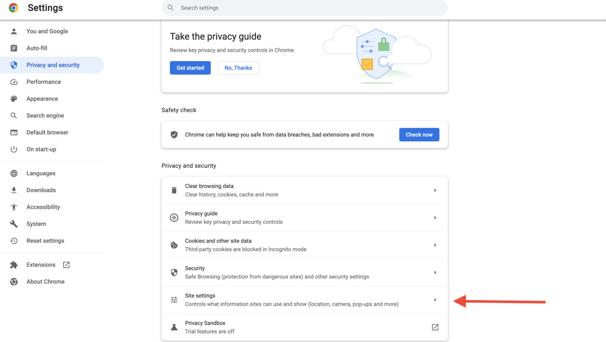 Site settings in Google Chrome