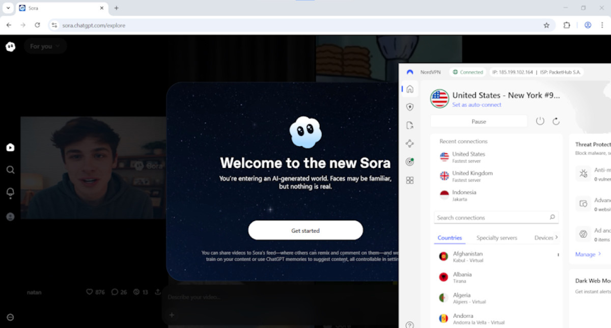 Sora 2 accessed with NordVPN