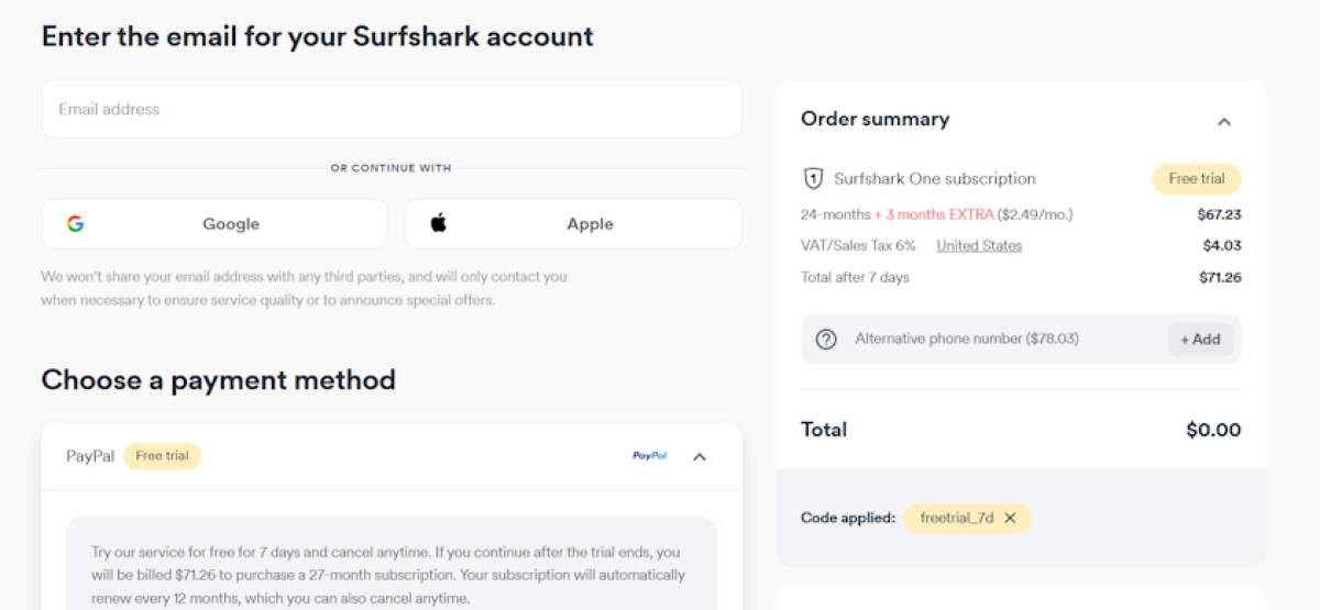 Surfshark free trial checkout