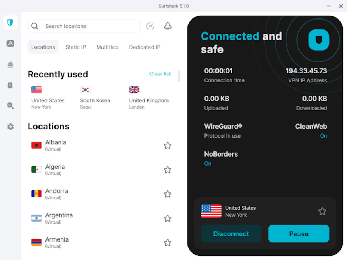Surfshark connected to the US