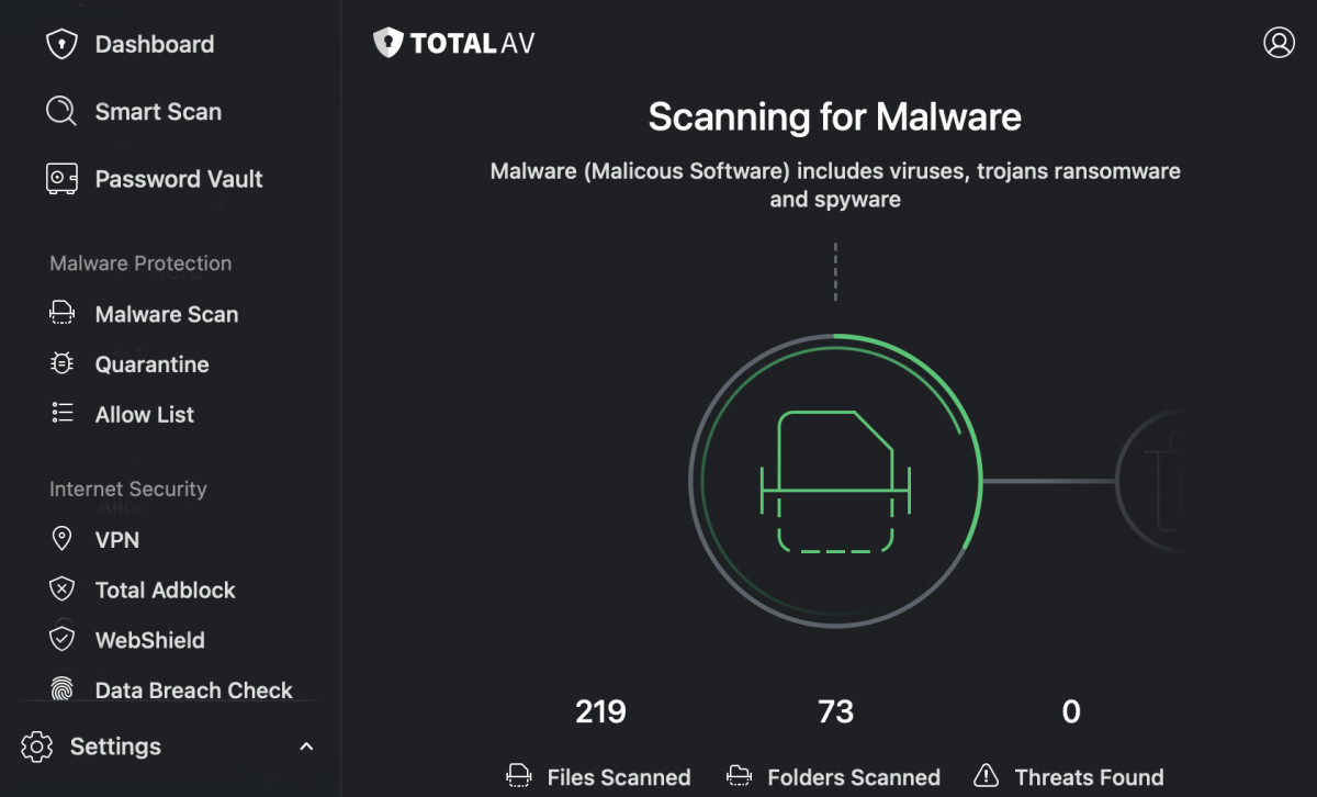TotalAV Antivirus app on macOS with a vpn